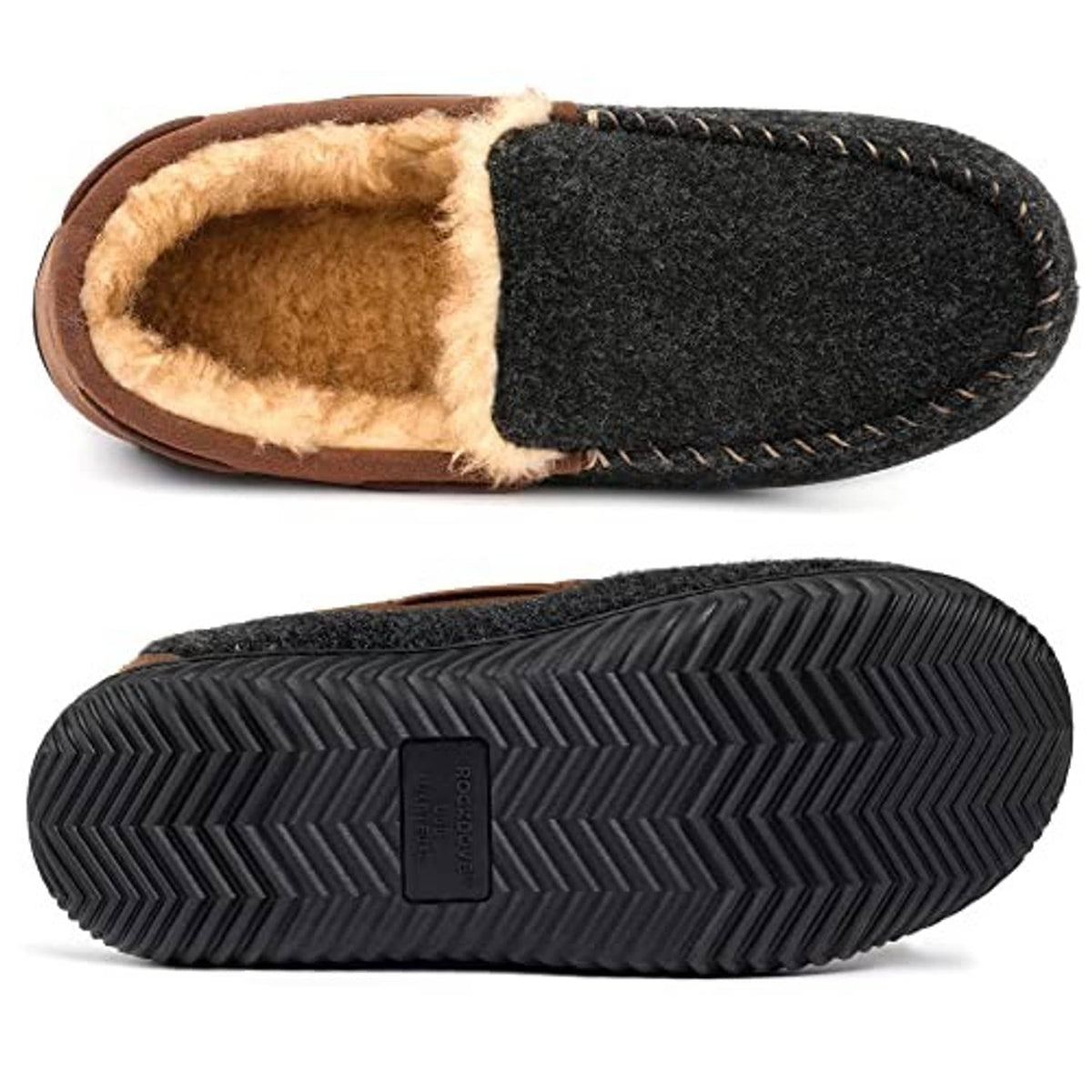 Men's moc slipper outsole view, dark charcoal knit with brown trim and tan fleece