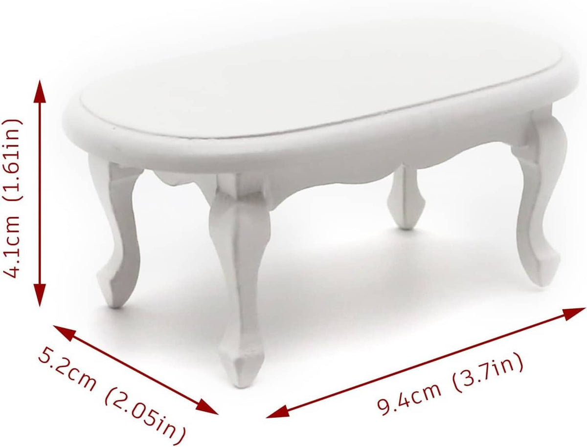 White miniature dollhouse coffee table with rounded top, about 9.4 cm wide
