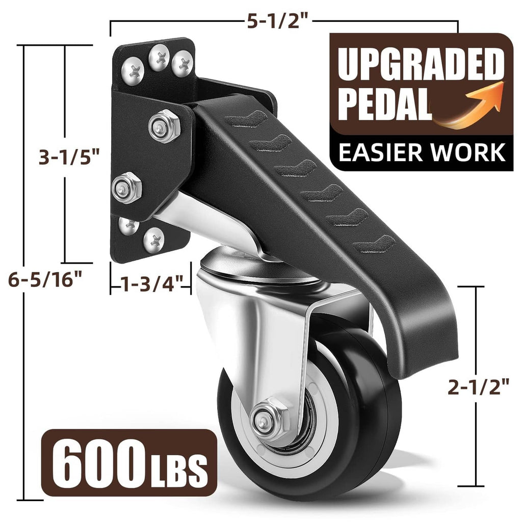600 lb-capacity workbench caster with black quick-release pedal and silver swivel wheel.
