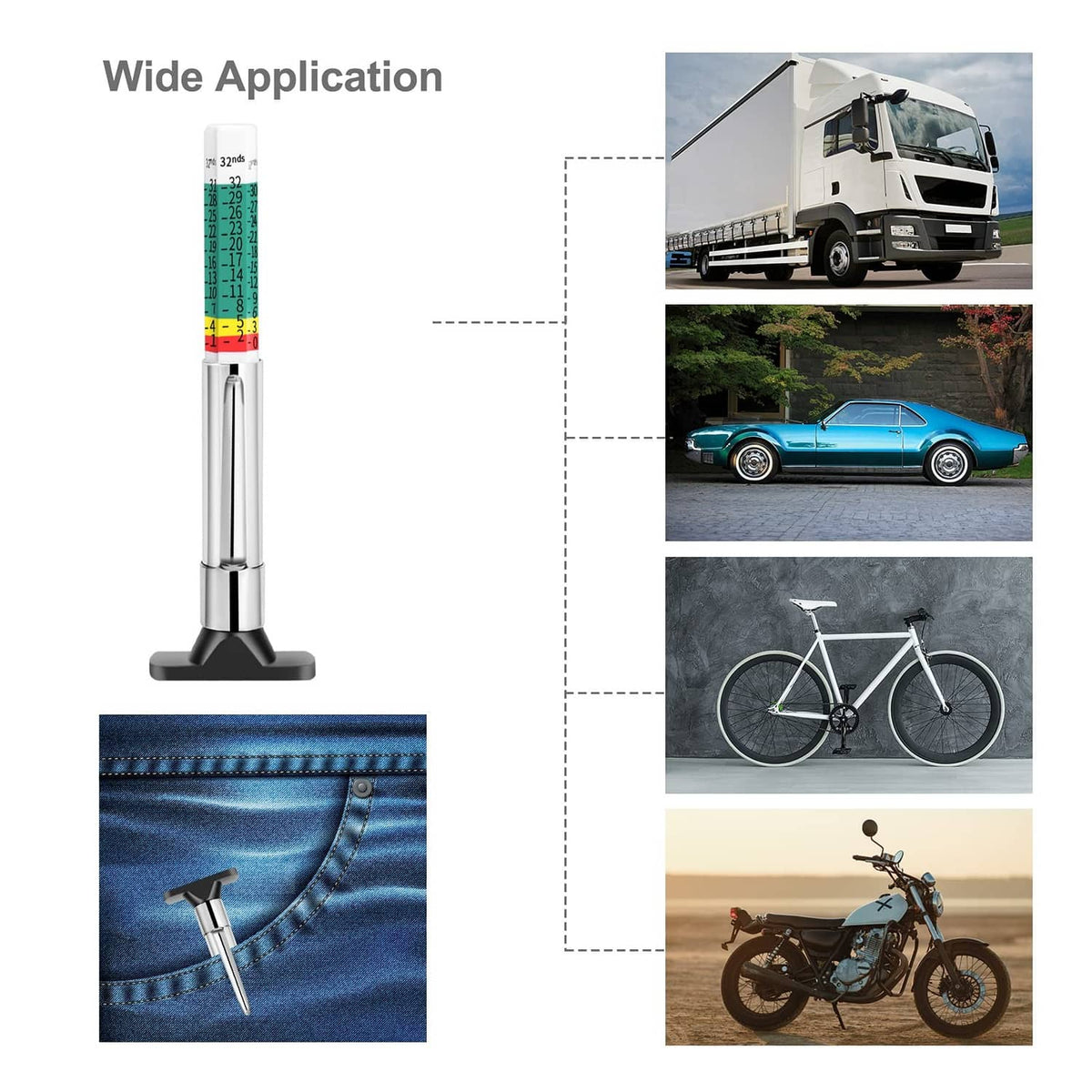 Tire tread depth gauge demonstrating measurement use on tires, bikes, and vehicles