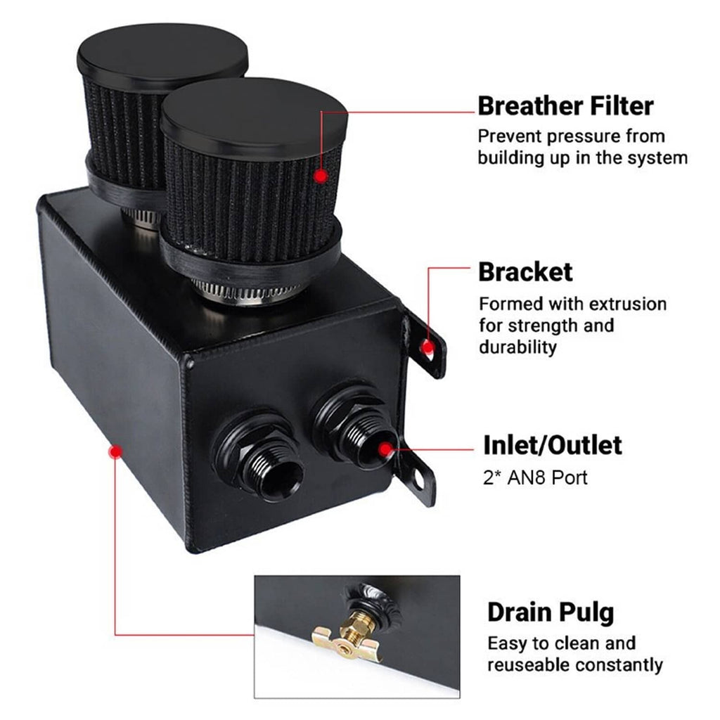 Dual breather catch can with bracket, two pleated breathers, and two inlet/outlet ports