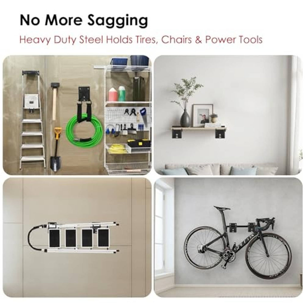 Heavy-duty garage hooks mounted for storage of tools and cords, black double-arm style