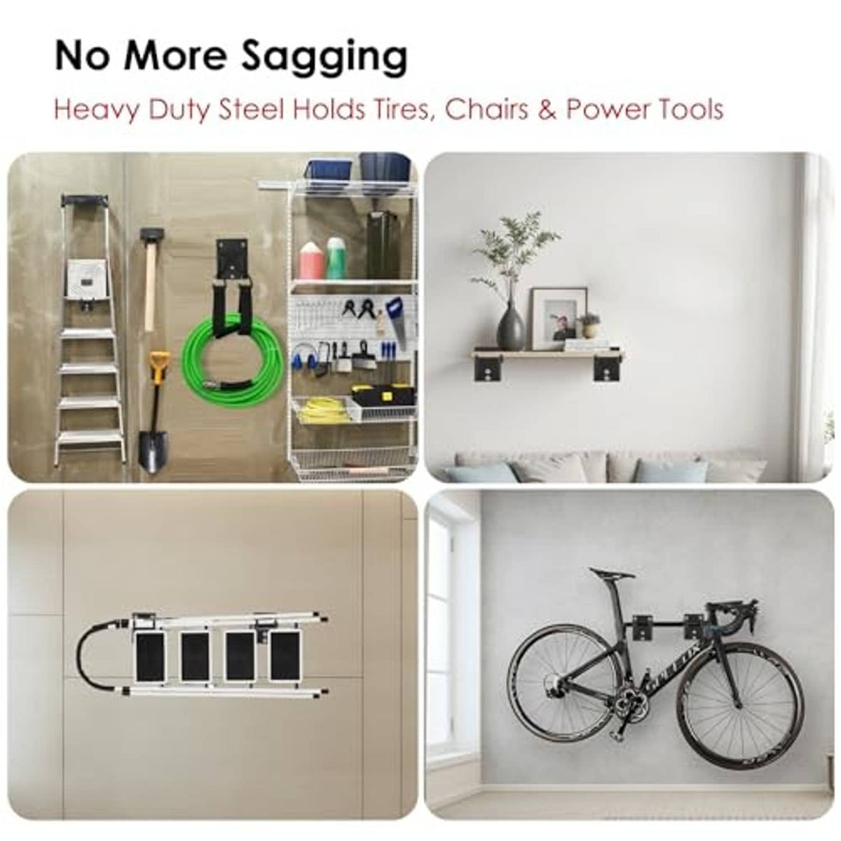 Heavy-duty garage hooks mounted for storage of tools and cords, black double-arm style