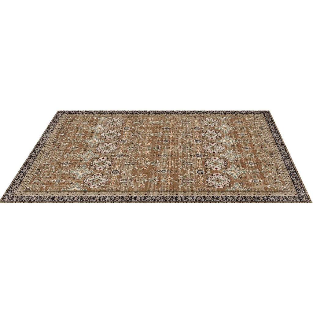 Large vintage area rug angled view with distressed medallion pattern in brown tones
