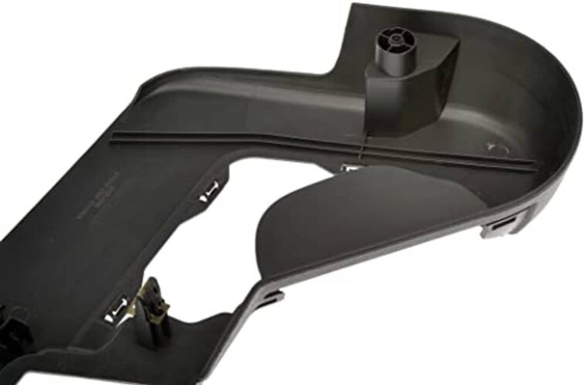 Front driver-side outer seat track cover close-up, dark matte black with raised ribs