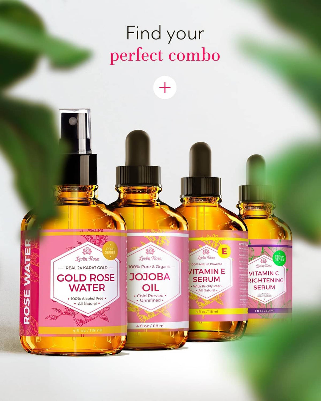 Set of gold rose water toner bottles with amber glass and pink labels