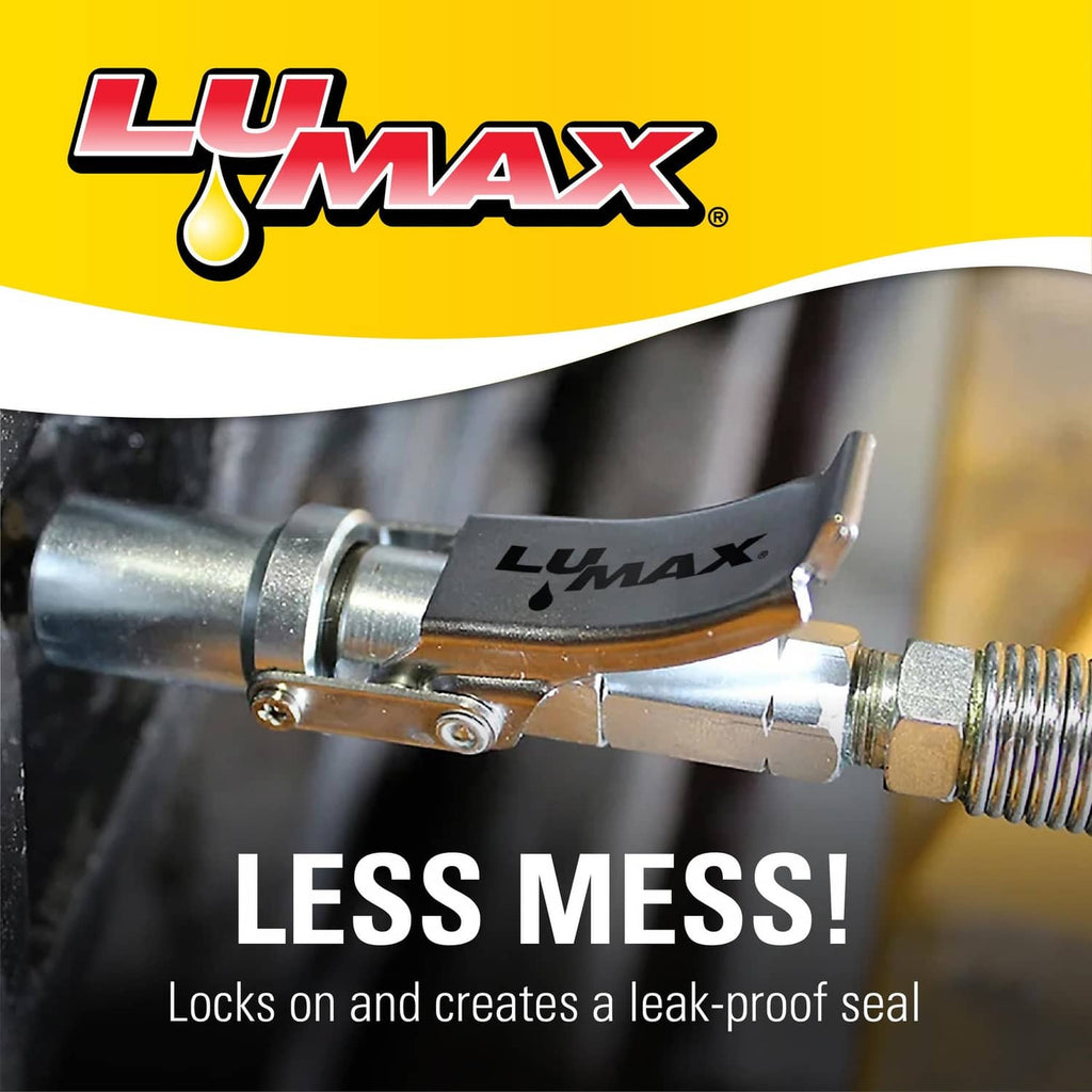 Silver quick release grease coupler on a grease gun, lever in closed position