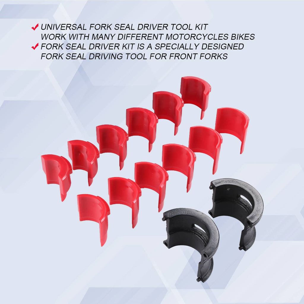 Universal motorcycle fork seal driver tool kit with red adapters and two black drivers