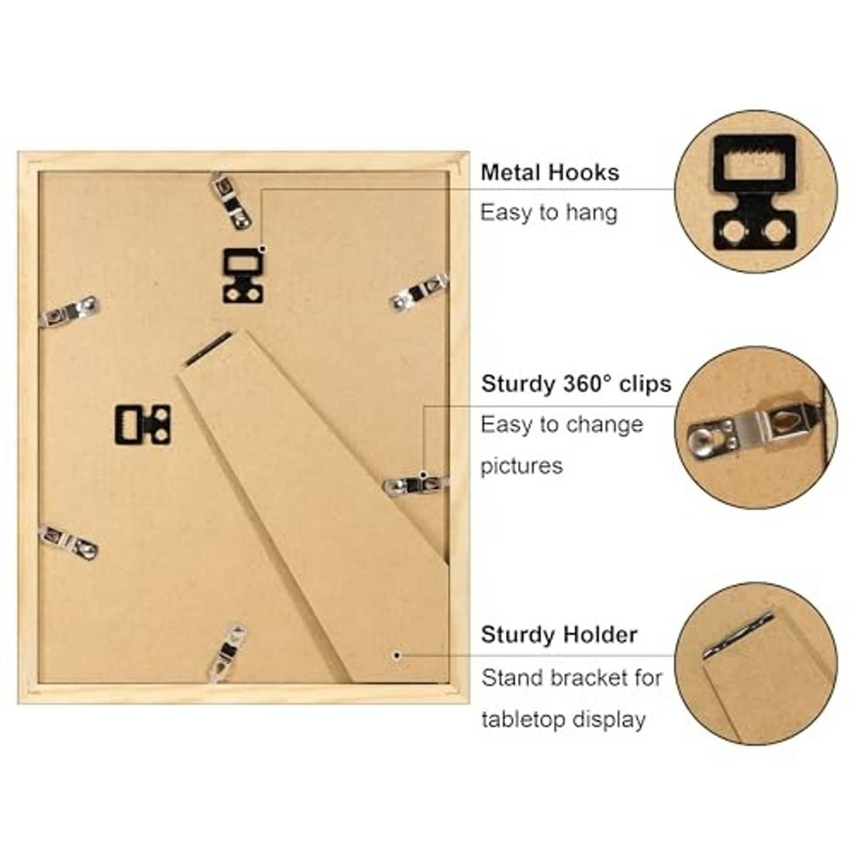 8x10 frame back showing cardboard backing, metal hooks, and 360° clips