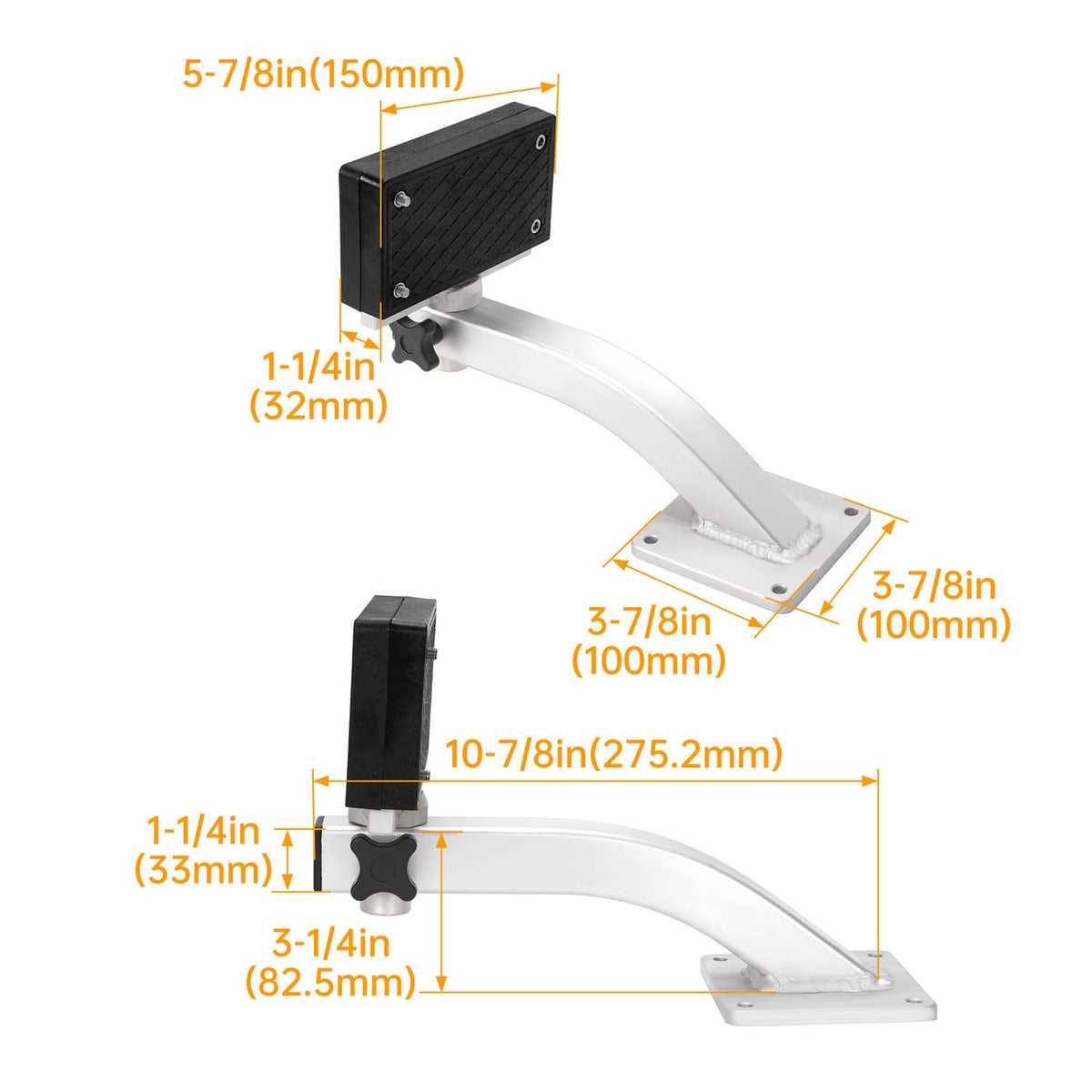 Universal trolling motor bracket with black plate and curved silver mounting base