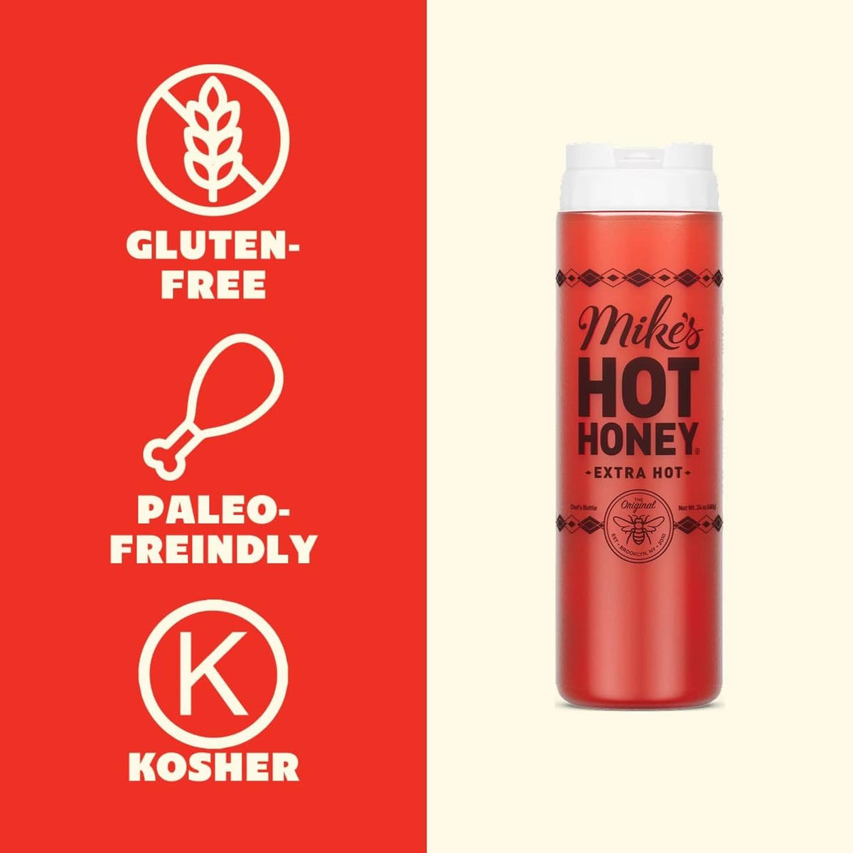Extra hot honey squeeze bottle with gluten-free, paleo-friendly, and kosher icons