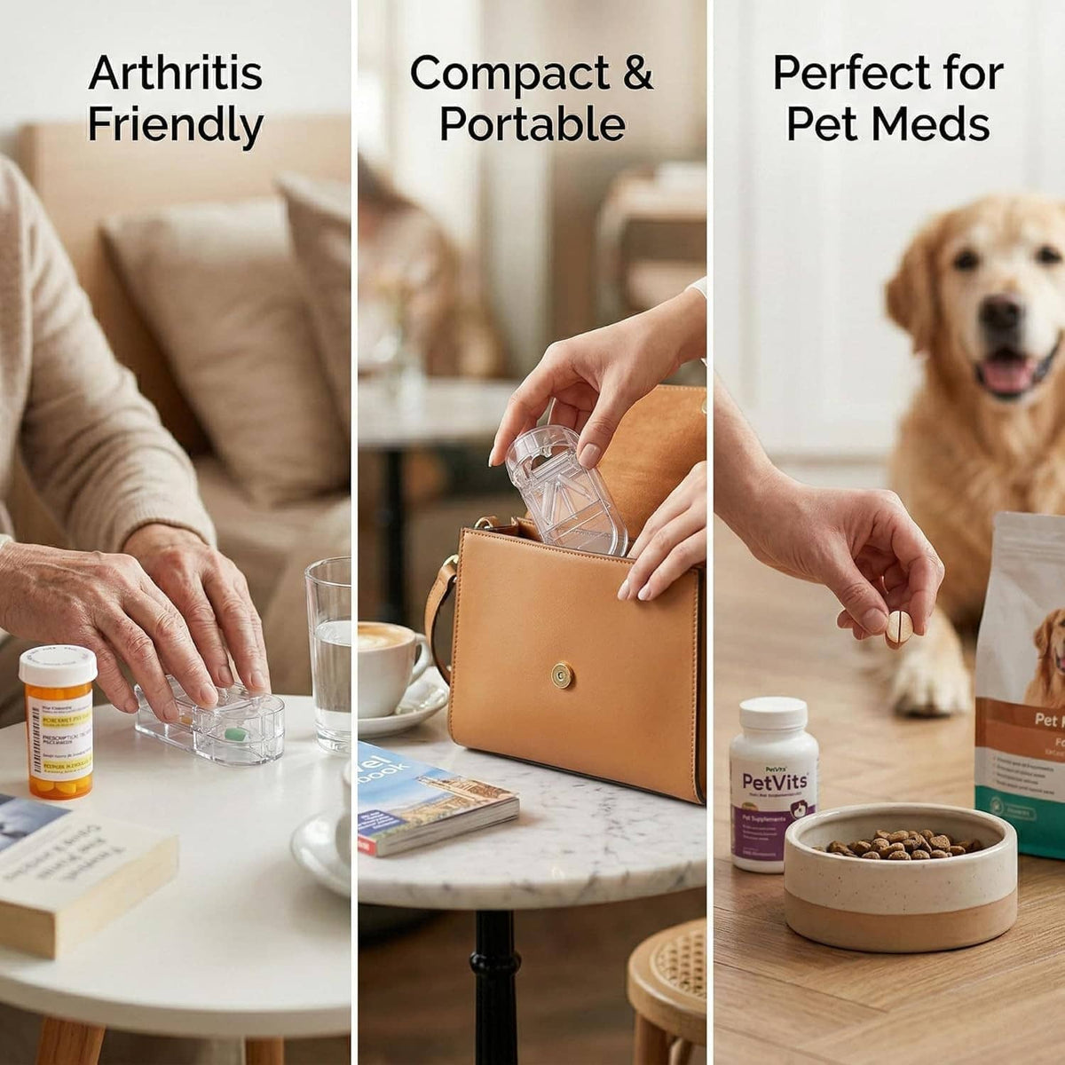 Pill cutter in use at home, hand placing a tablet into the clear case