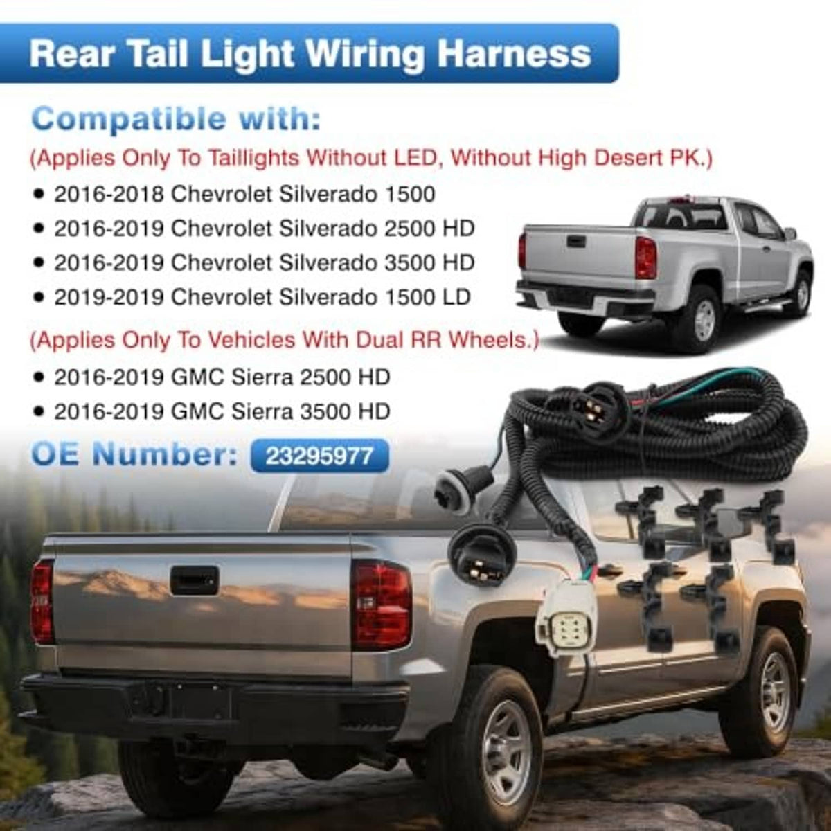 Rear tail light wiring harness with corrugated cable, beige multi-pin plug, and black clips