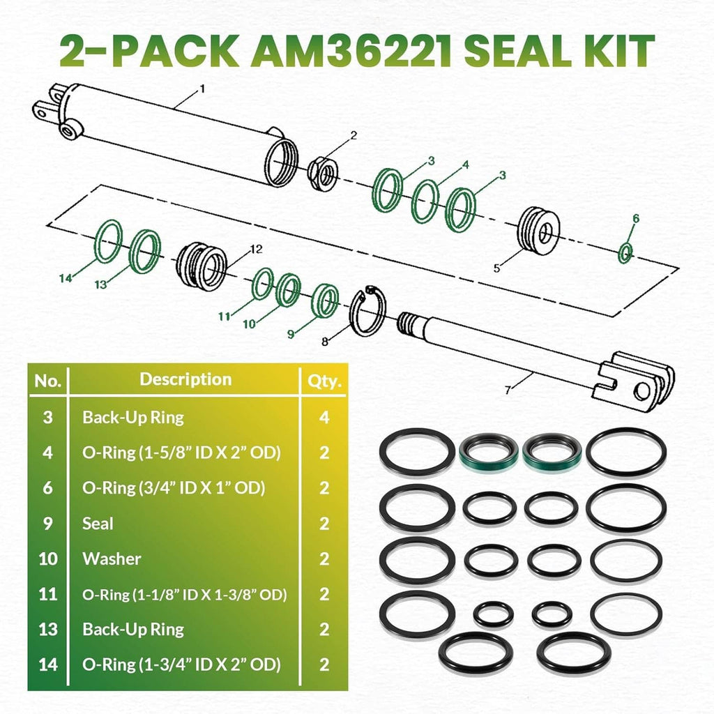 Exploded parts diagram and assortment of black O-rings with green seal rings