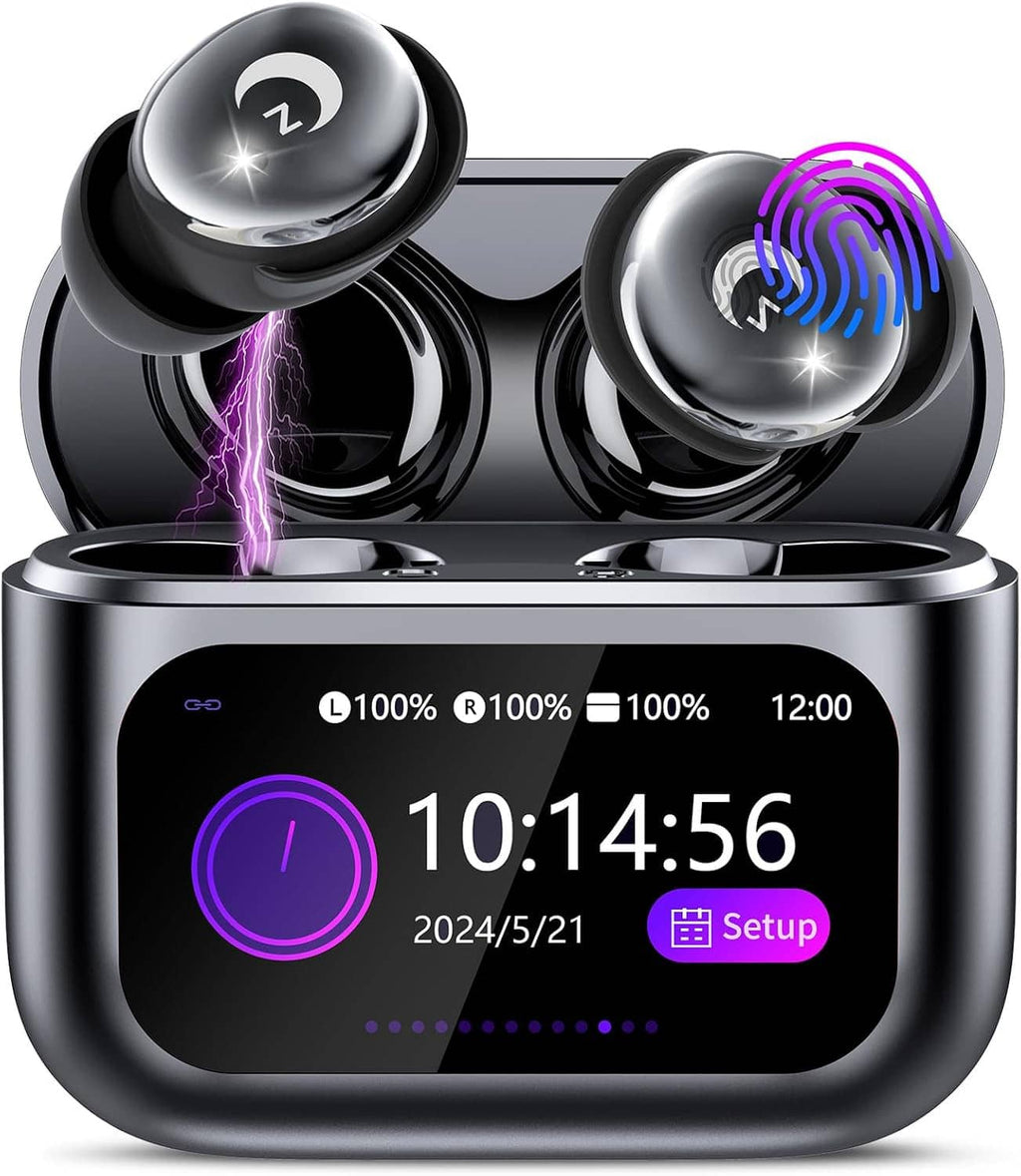 Black in-ear earbuds and charging case with LED clock 10:14:56