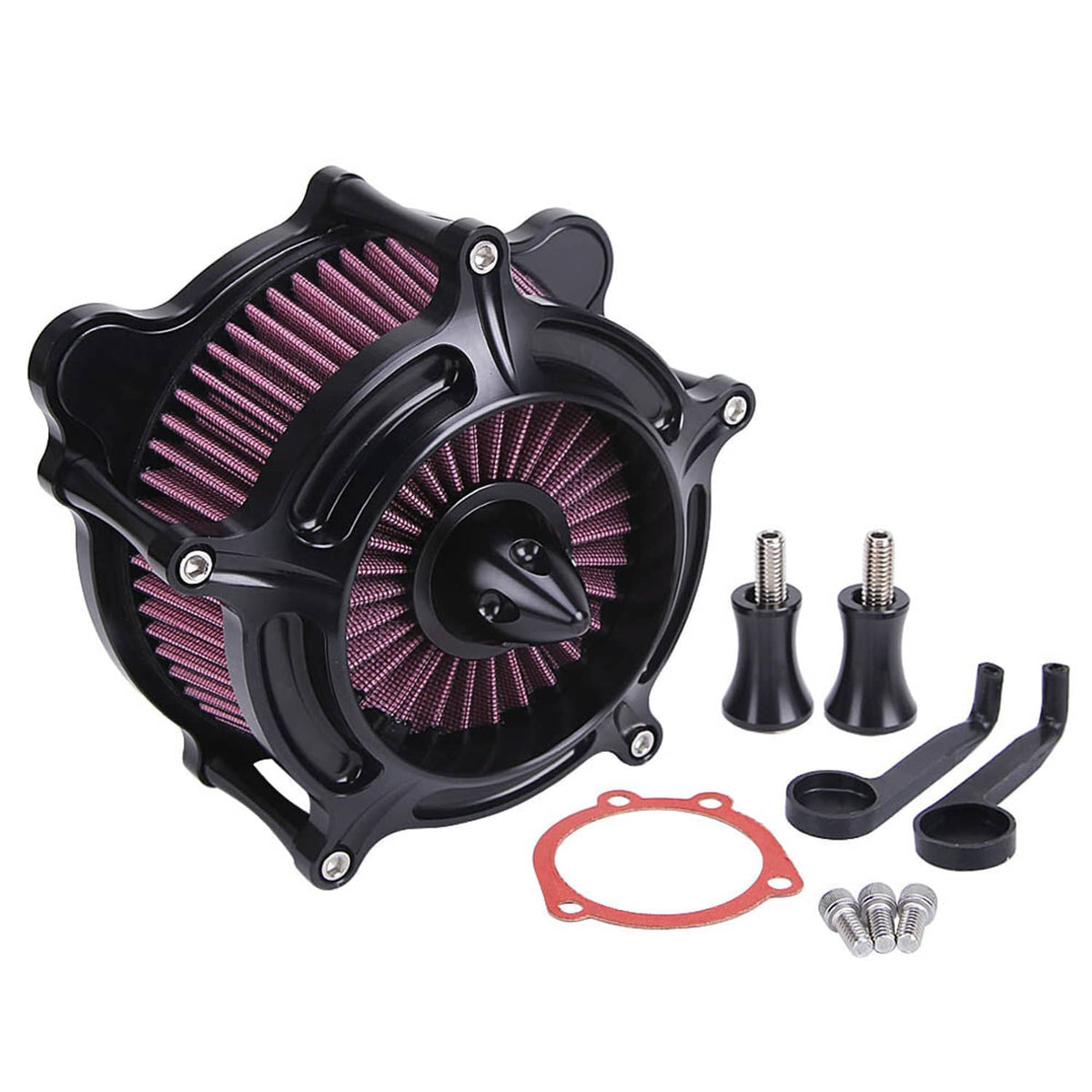 Black air cleaner intake filter kit with purple-red pleated cone filters and screws