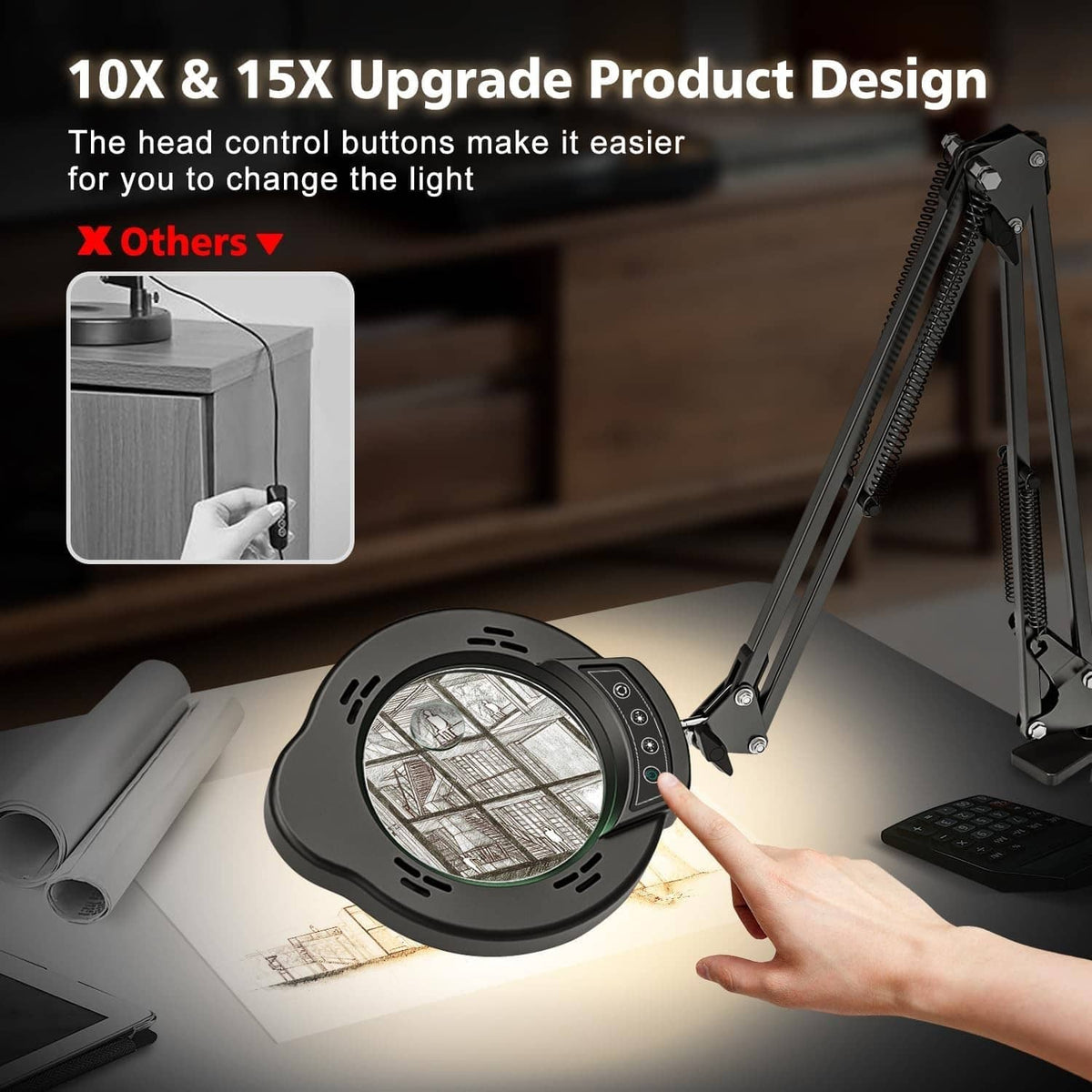 Black magnifier lamp with illuminated lens head and adjustable arm