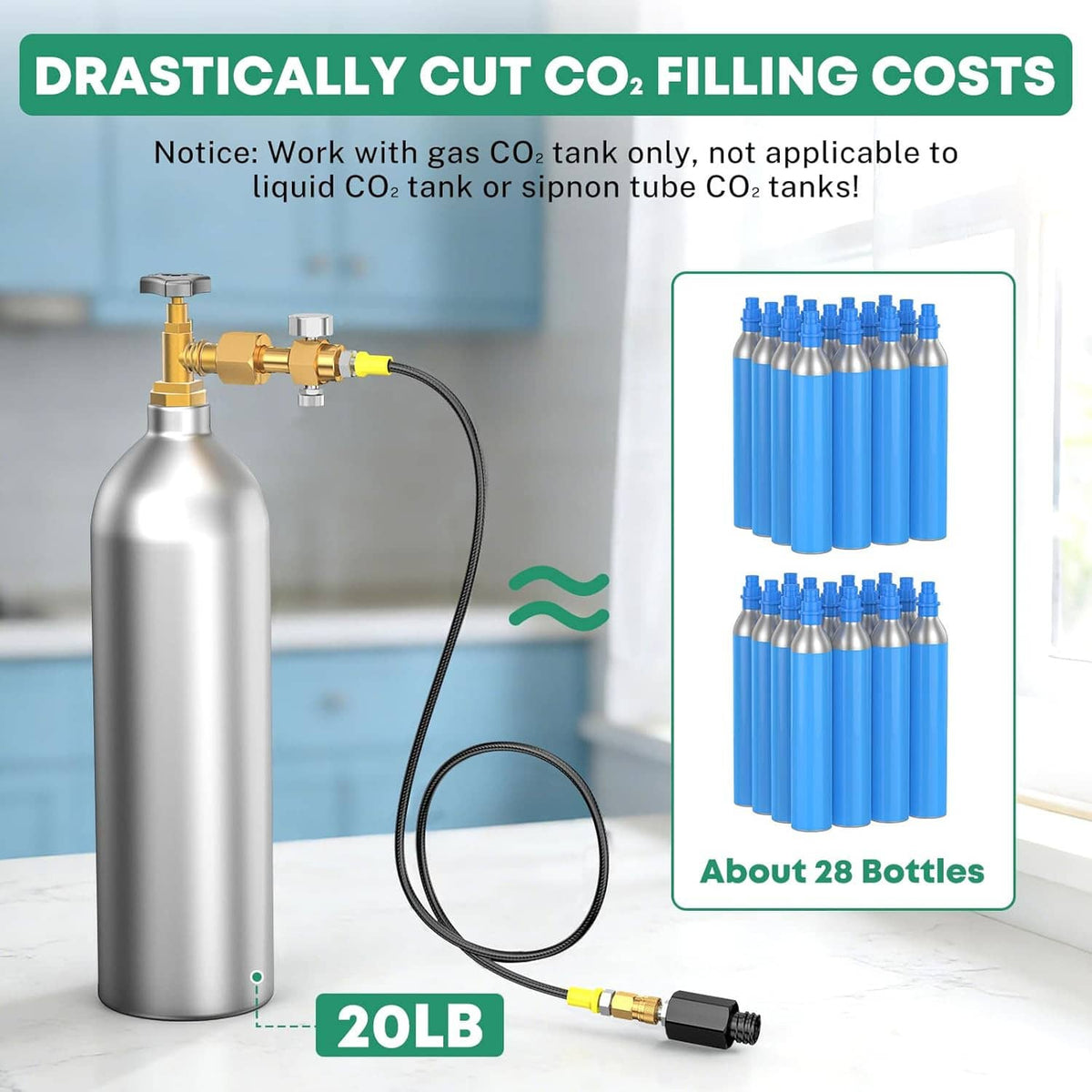 CO2 hose with brass quick connector and pressure gauge on a refill setup