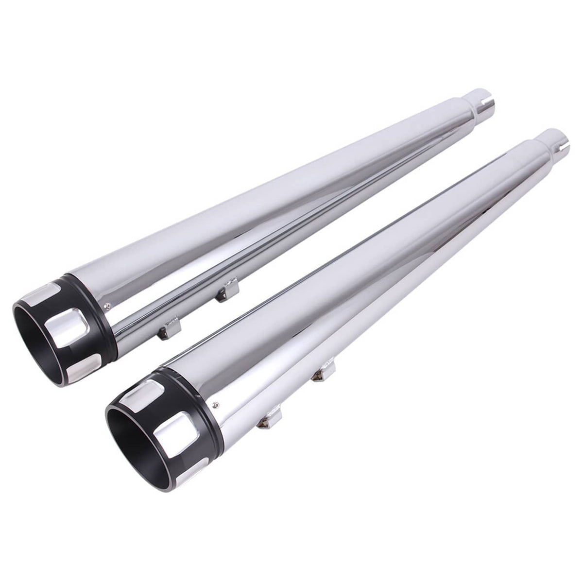 Chrome megaphone slip-on mufflers with black end caps, pair of exhaust pipes
