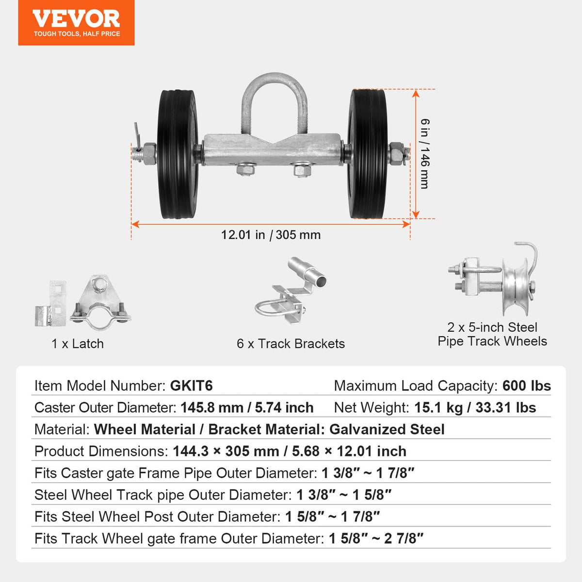 Heavy-duty sliding gate roller kit with caster wheels, latch, and track brackets