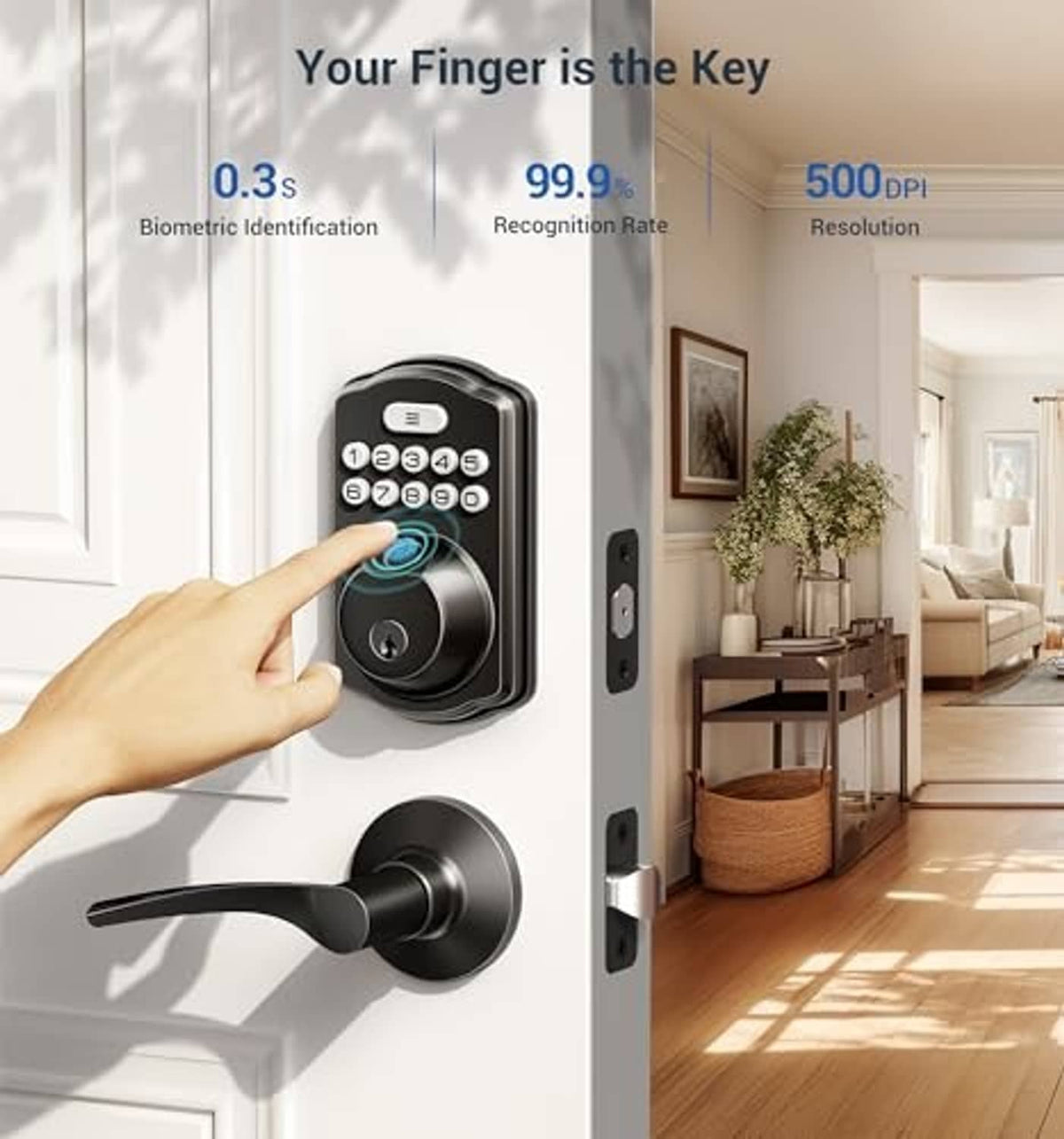 Smart keypad door lock with fingerprint reader and lever handle, dark metal