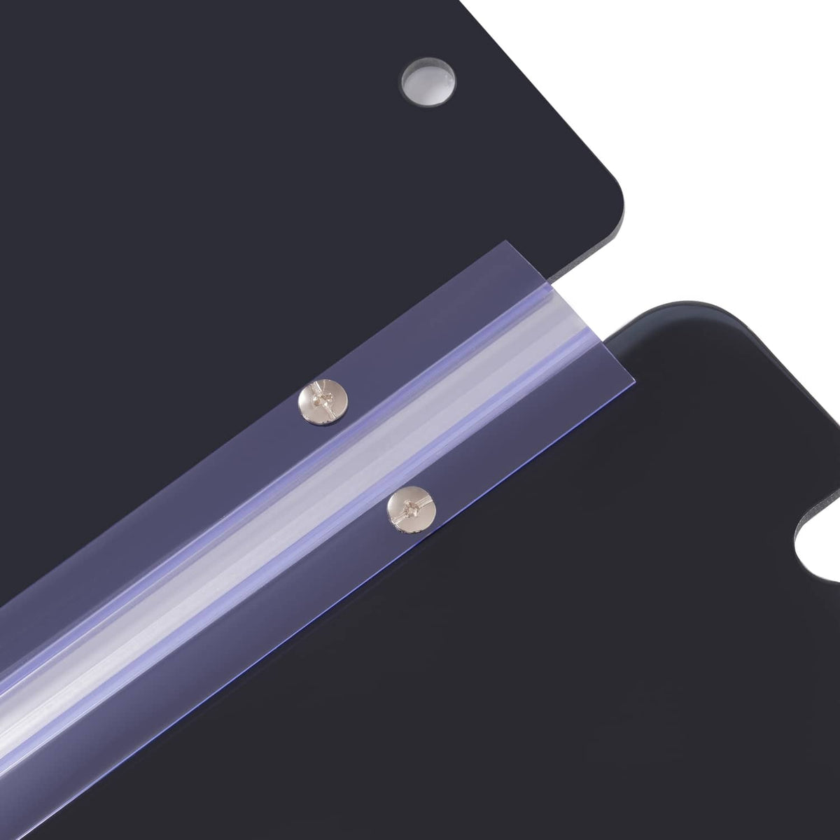 Tinted fold-down flip windscreen close-up of clear mounting strip and screws
