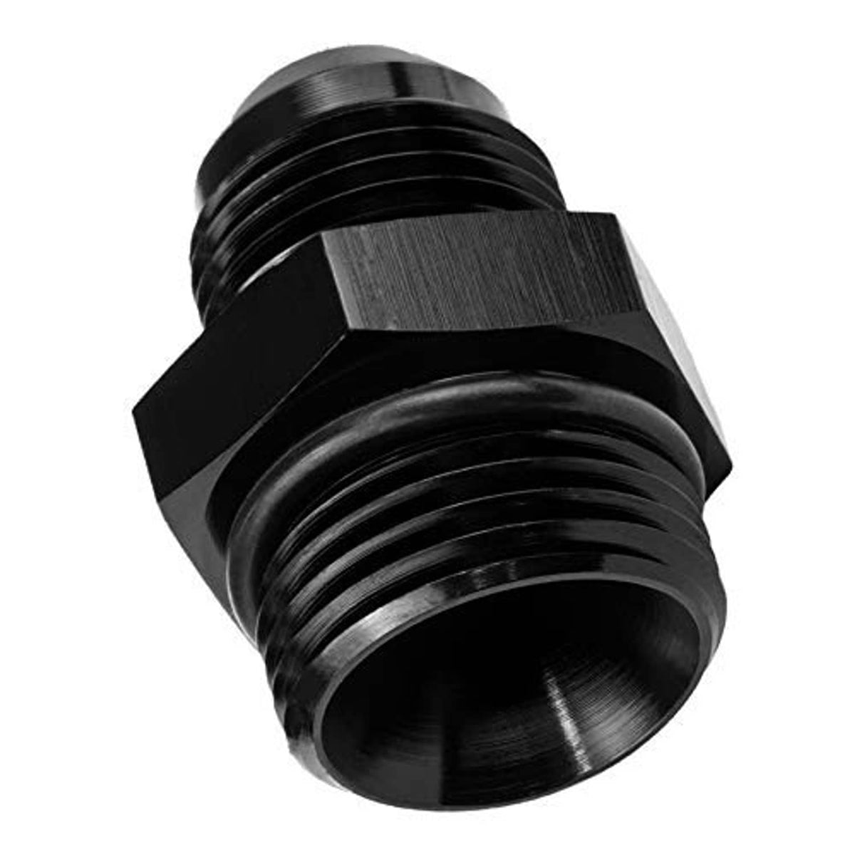 Black AN o-ring boss male fitting with ribbed threads and flared interior bore
