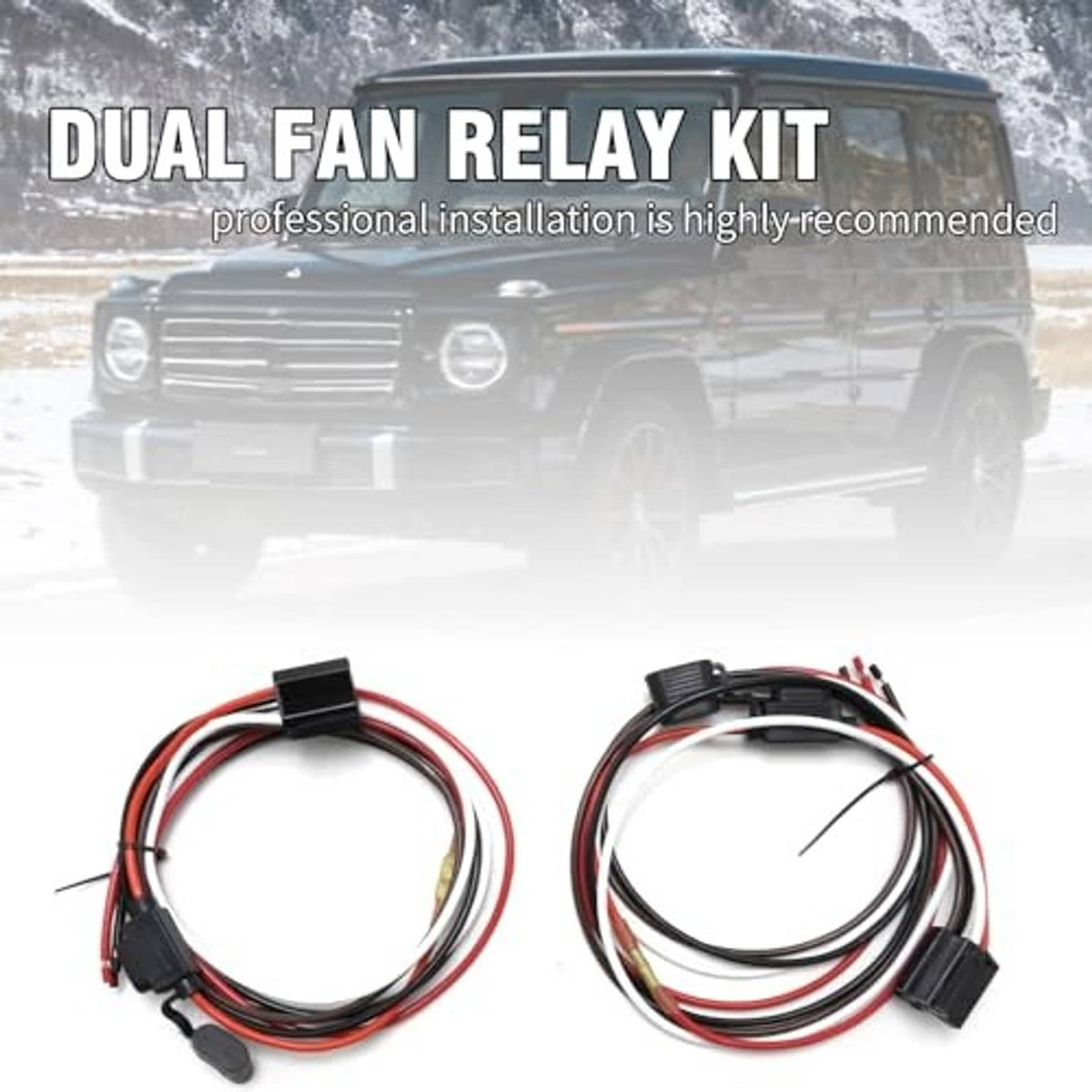 Dual fan relay kit with two wire harness assemblies and black connector plugs