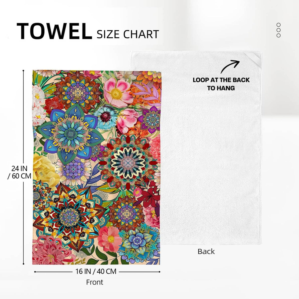 16x24 in boho floral kitchen towels, front and back size layout