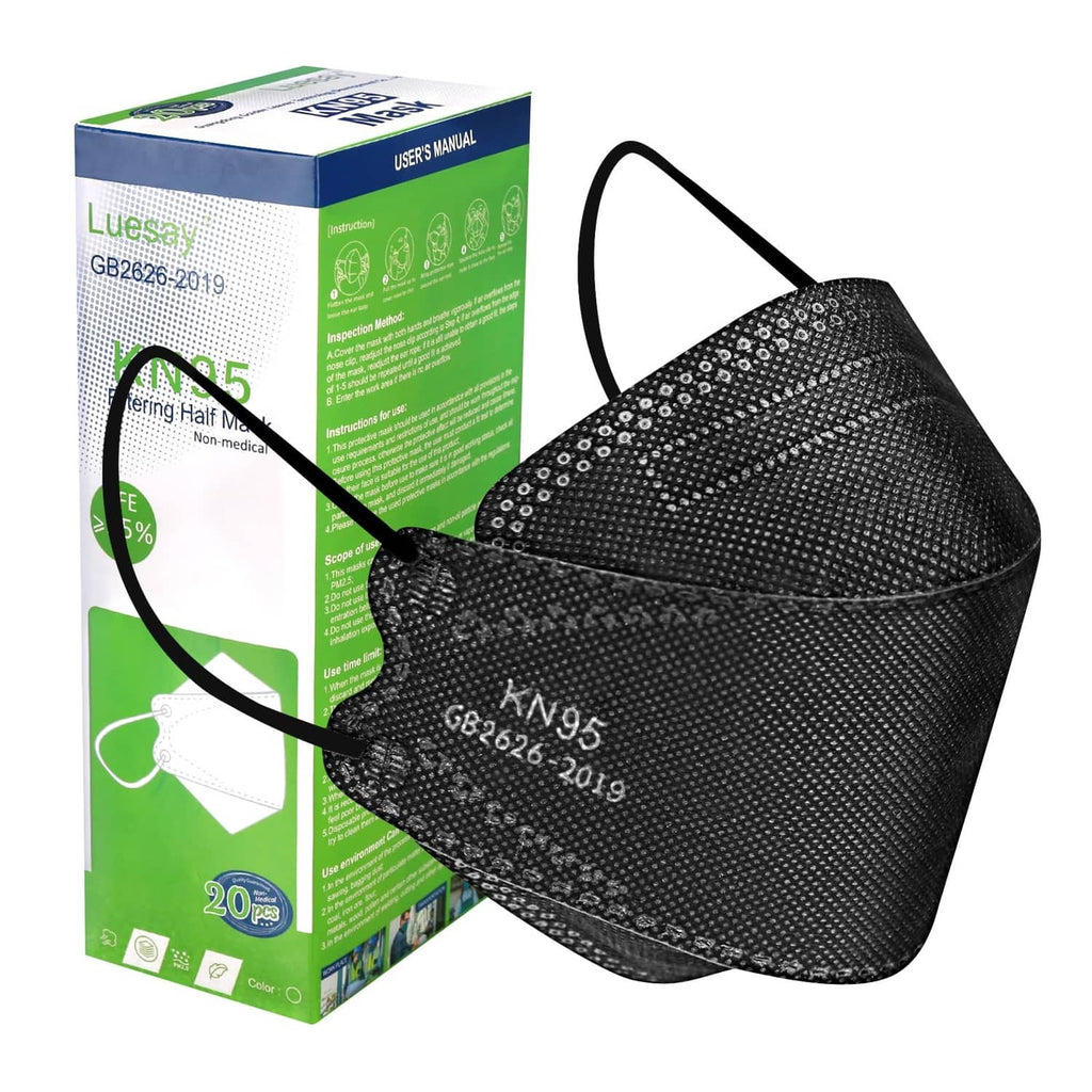 Black KN95 face mask with molded shape and ear loops, labeled KN95