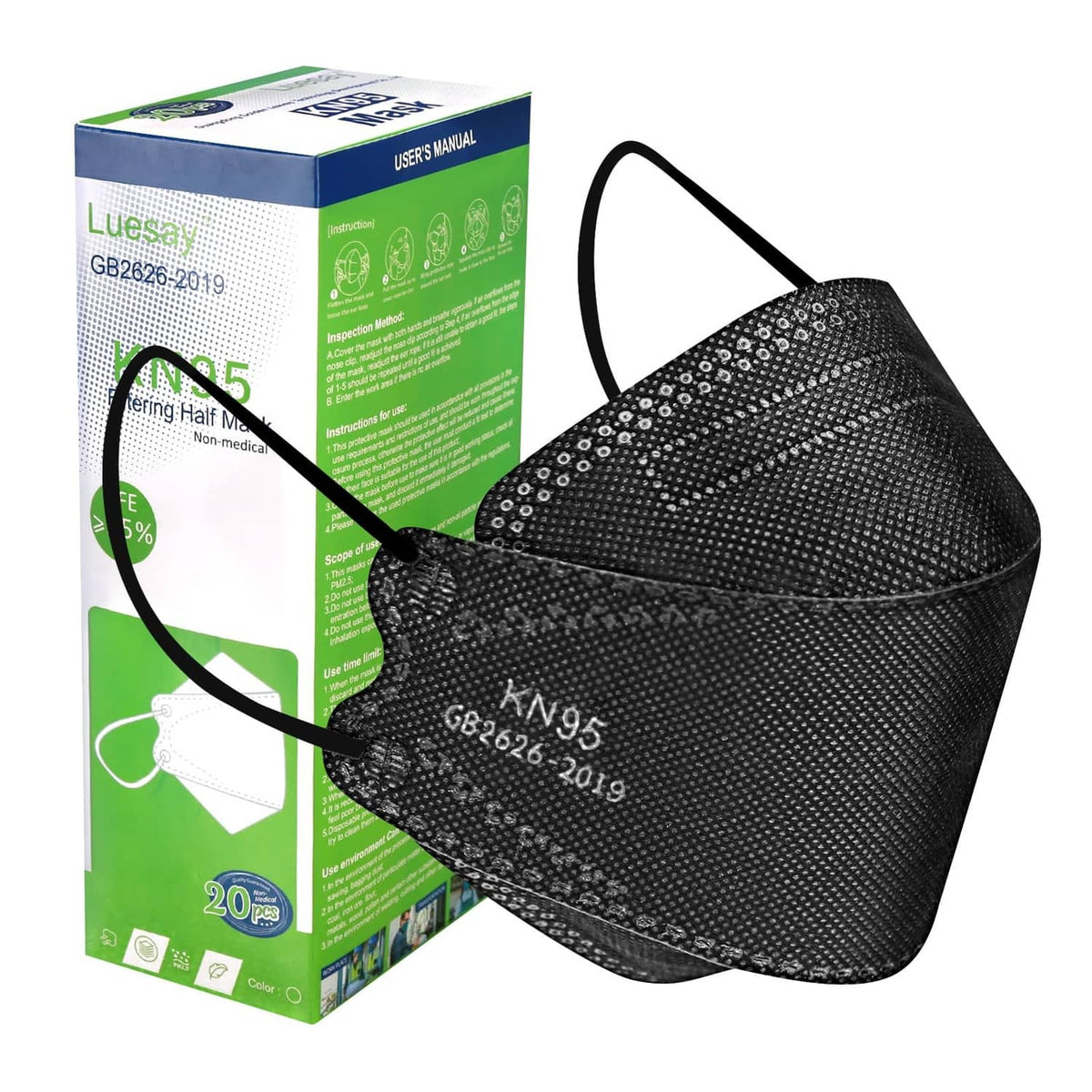 Black KN95 face mask with molded shape and ear loops, labeled KN95