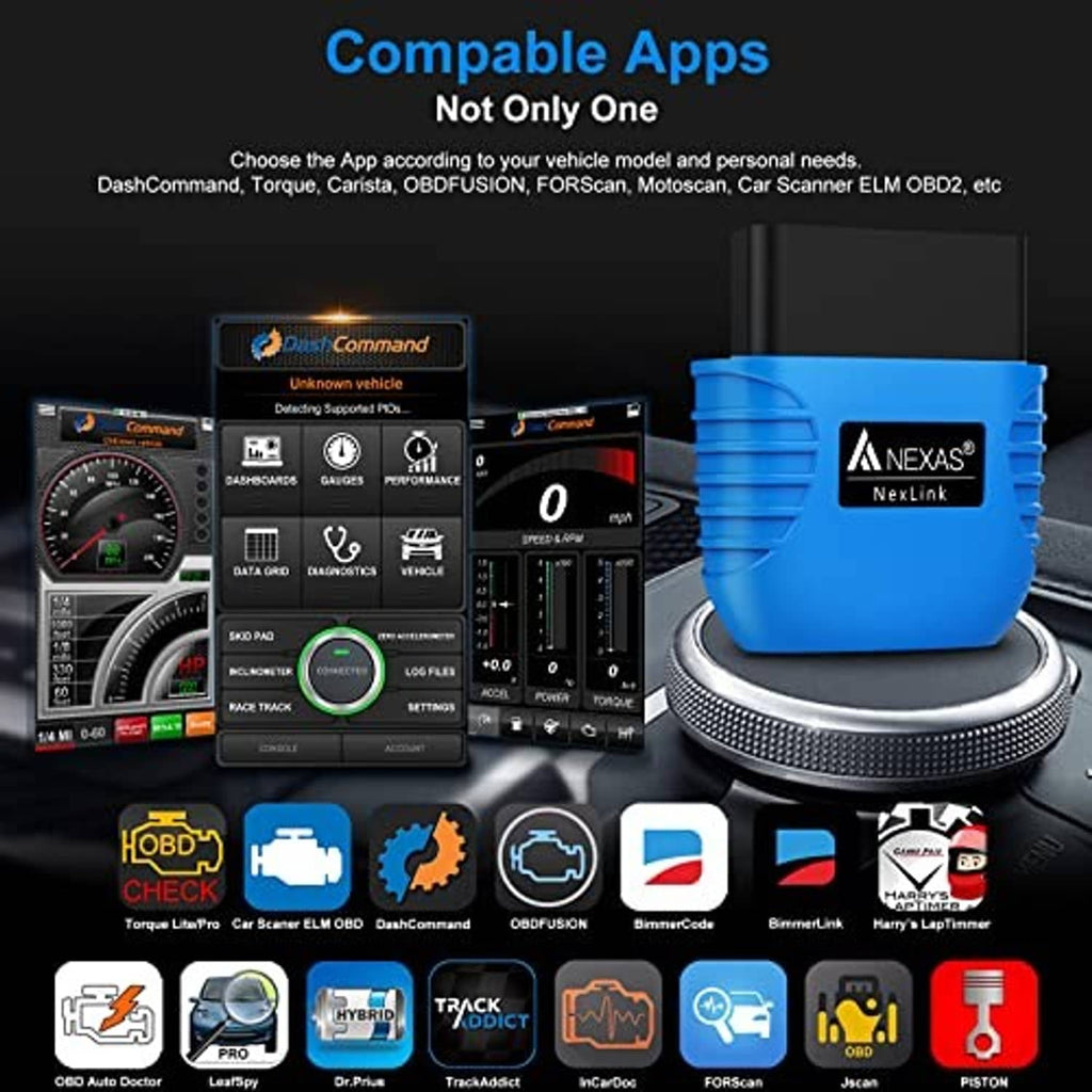 Blue Nexlink Bluetooth OBD2 scanner beside car app compatibility icons graphic.