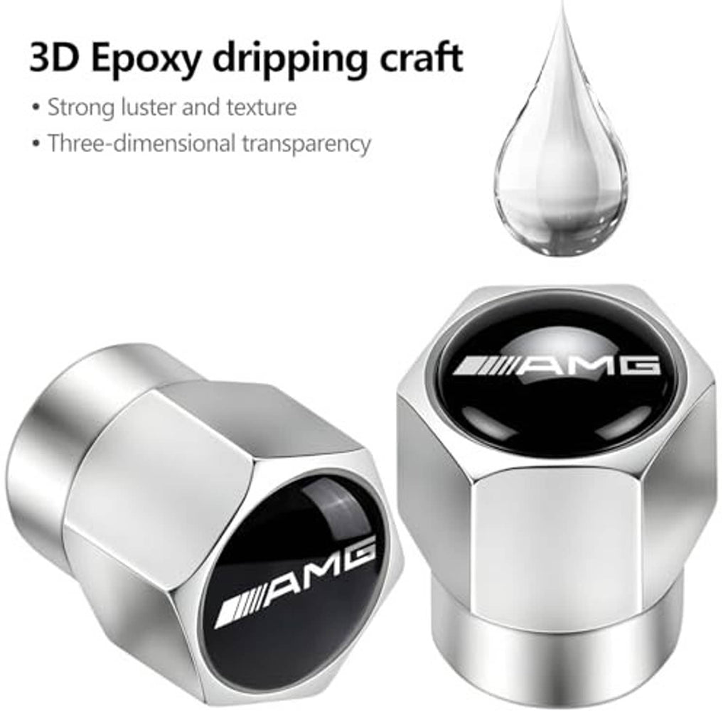 Silver metal valve stem caps with black AMG emblem, glossy 3D epoxy style