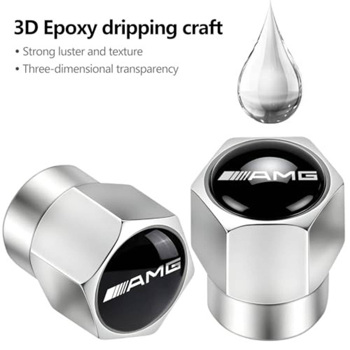 Silver metal valve stem caps with black AMG emblem, glossy 3D epoxy style