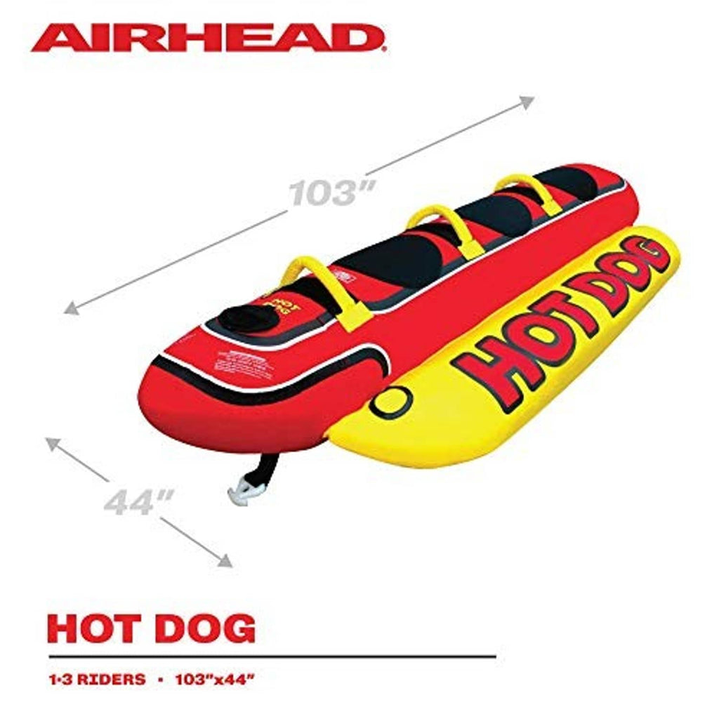 Airhead Hot Dog towable tube dimensions shown: 103 in length and 44 in width