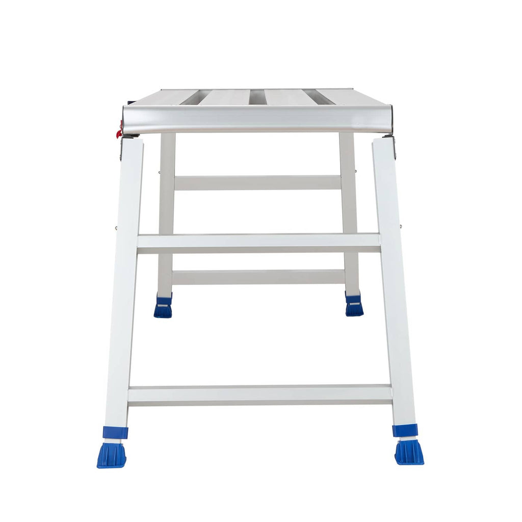 Adjustable folding work platform step with blue foot pads, white frame and rail
