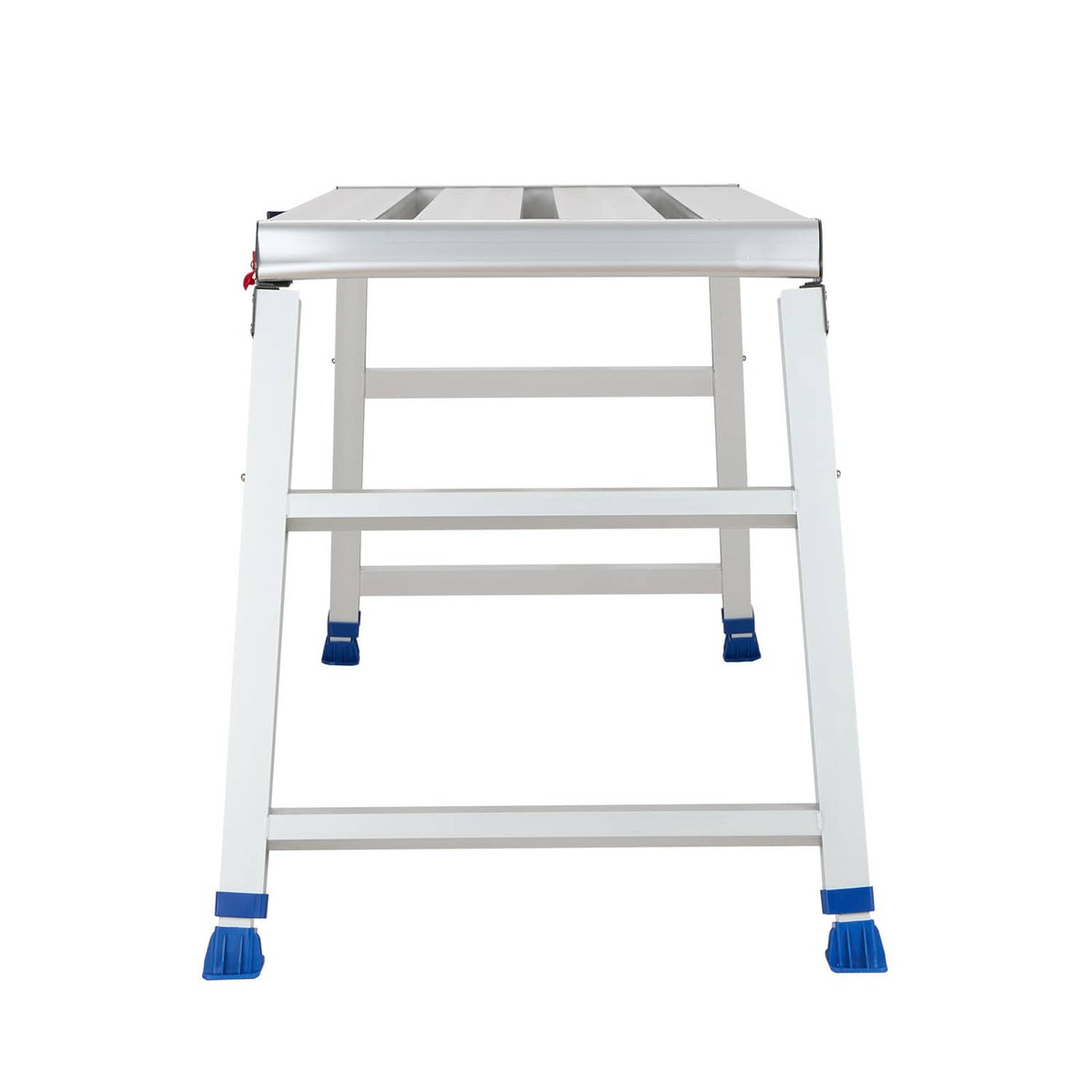 Adjustable folding work platform step with blue foot pads, white frame and rail