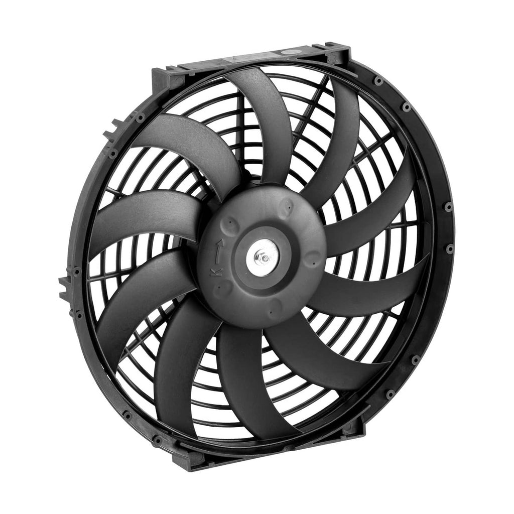 Round black attic exhaust fan with radial blades and center motor hub