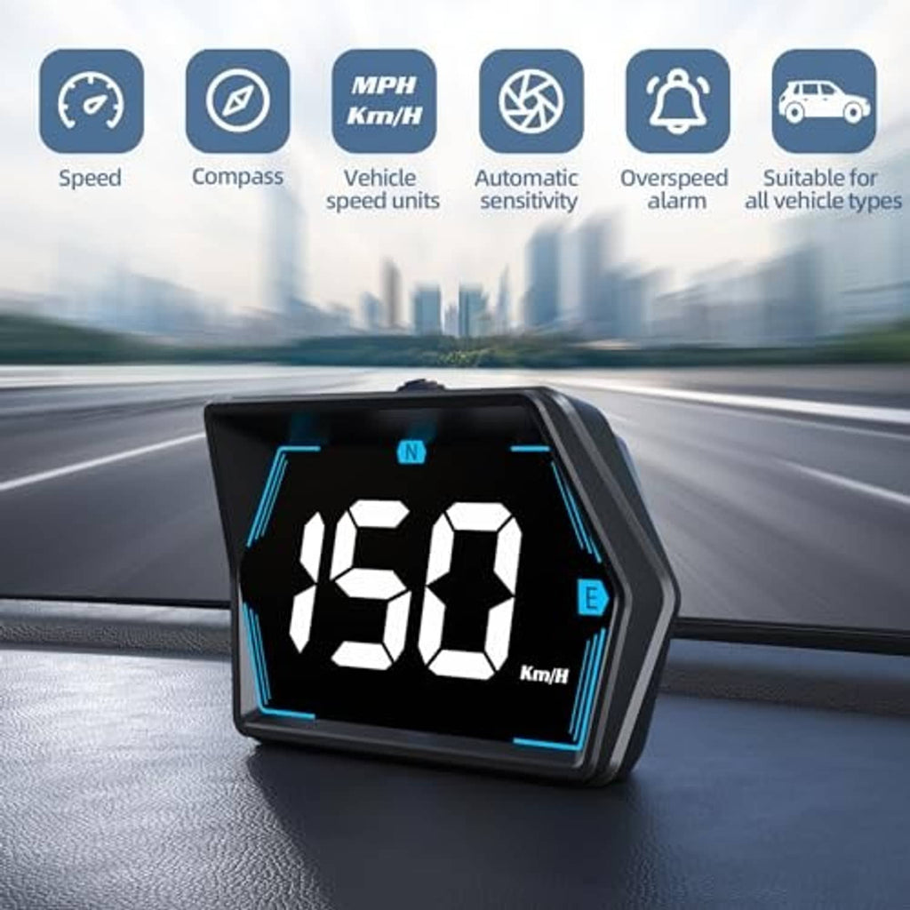 GPS head-up speedometer display on car dash showing 158 MPH with blue accents