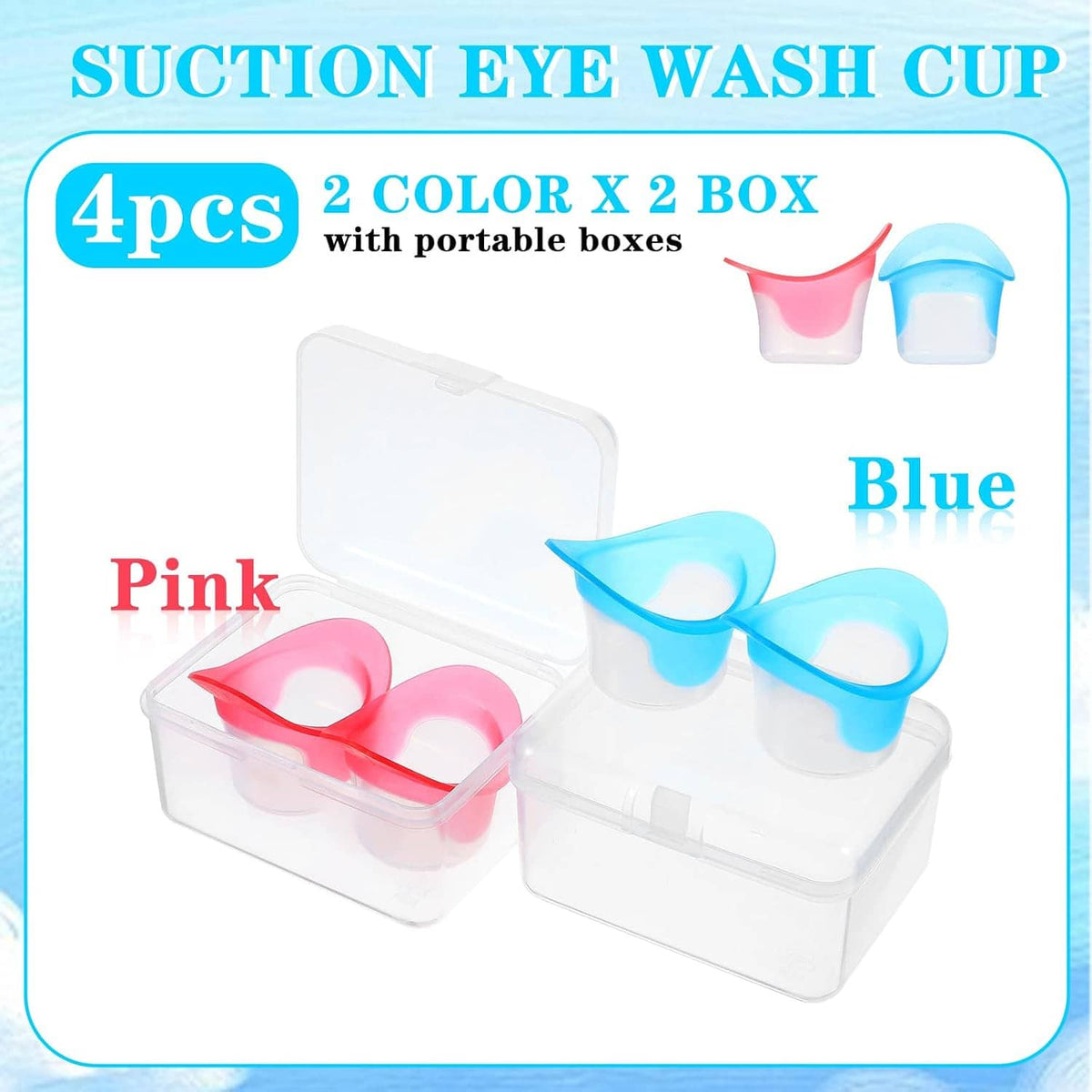 Set of four silicone suction eye wash cups in pink and blue with two portable boxes