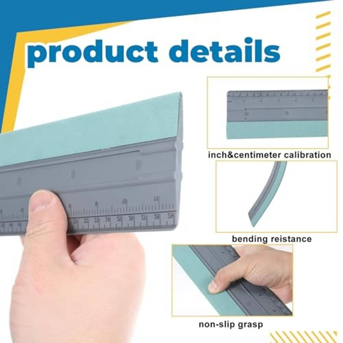Felt squeegee tool with inch and centimeter ruler markings, gripped by a hand