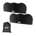 Two black triple-axle RV tire covers with RVMATE logos and storage bag