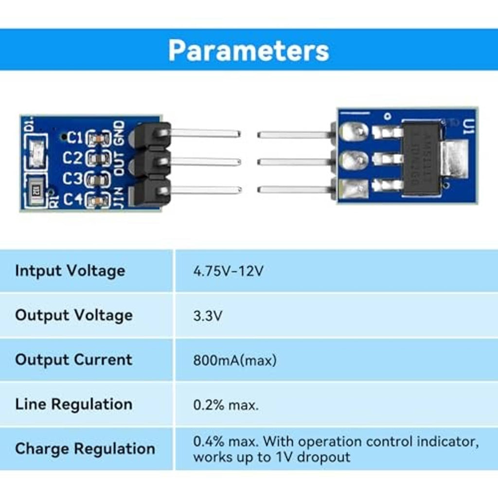 AMS1117-3.3 parameters table showing input 4.75V-12V and output 3.3V
