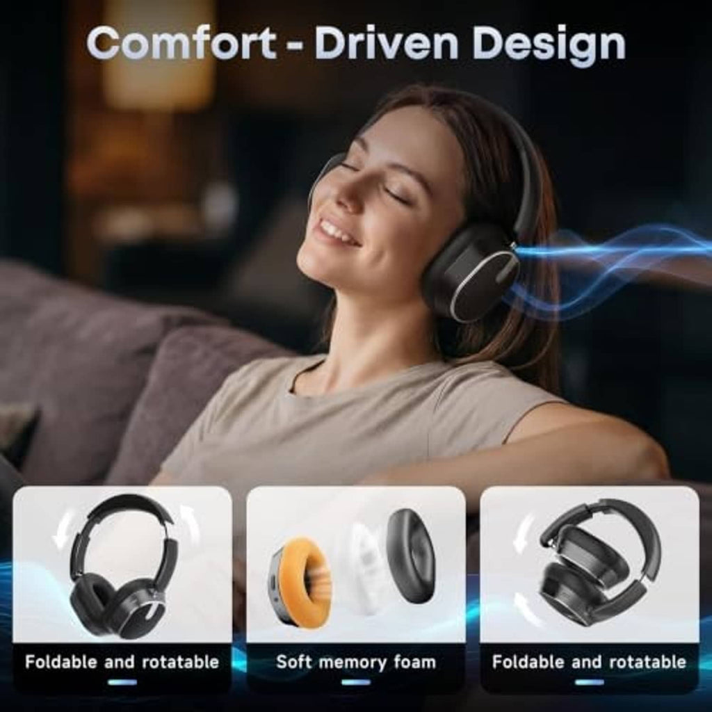 Wireless over-ear Bluetooth headphones worn by a person, black earcups and headband