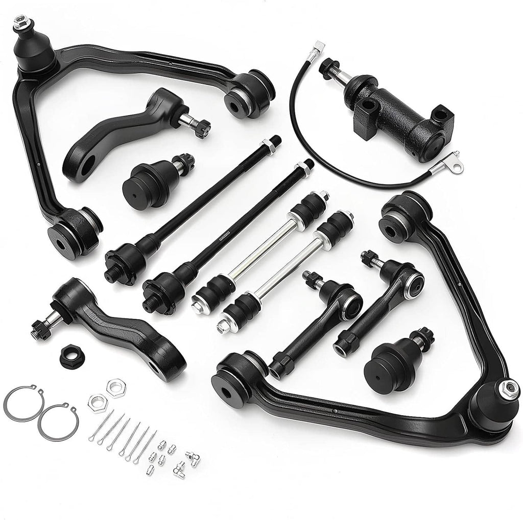 13-piece front suspension control arm and tie rod kit, black metal arms with joints