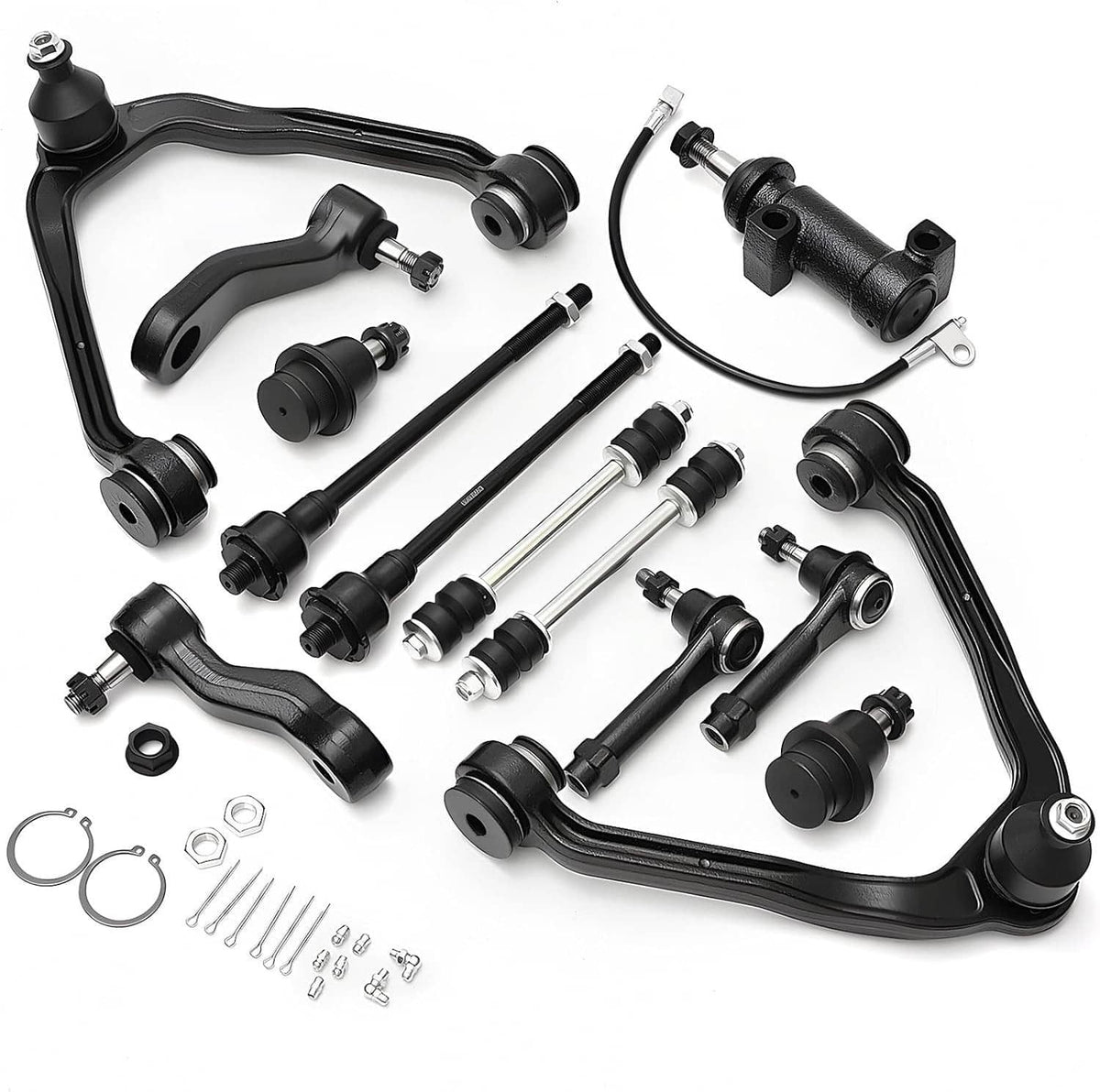 13-piece front suspension control arm and tie rod kit, black metal arms with joints