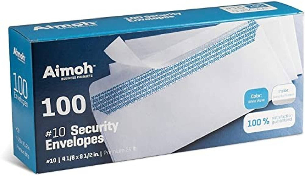 Boxed #10 security self-seal envelopes, no window; white with blue pattern, 100-pack