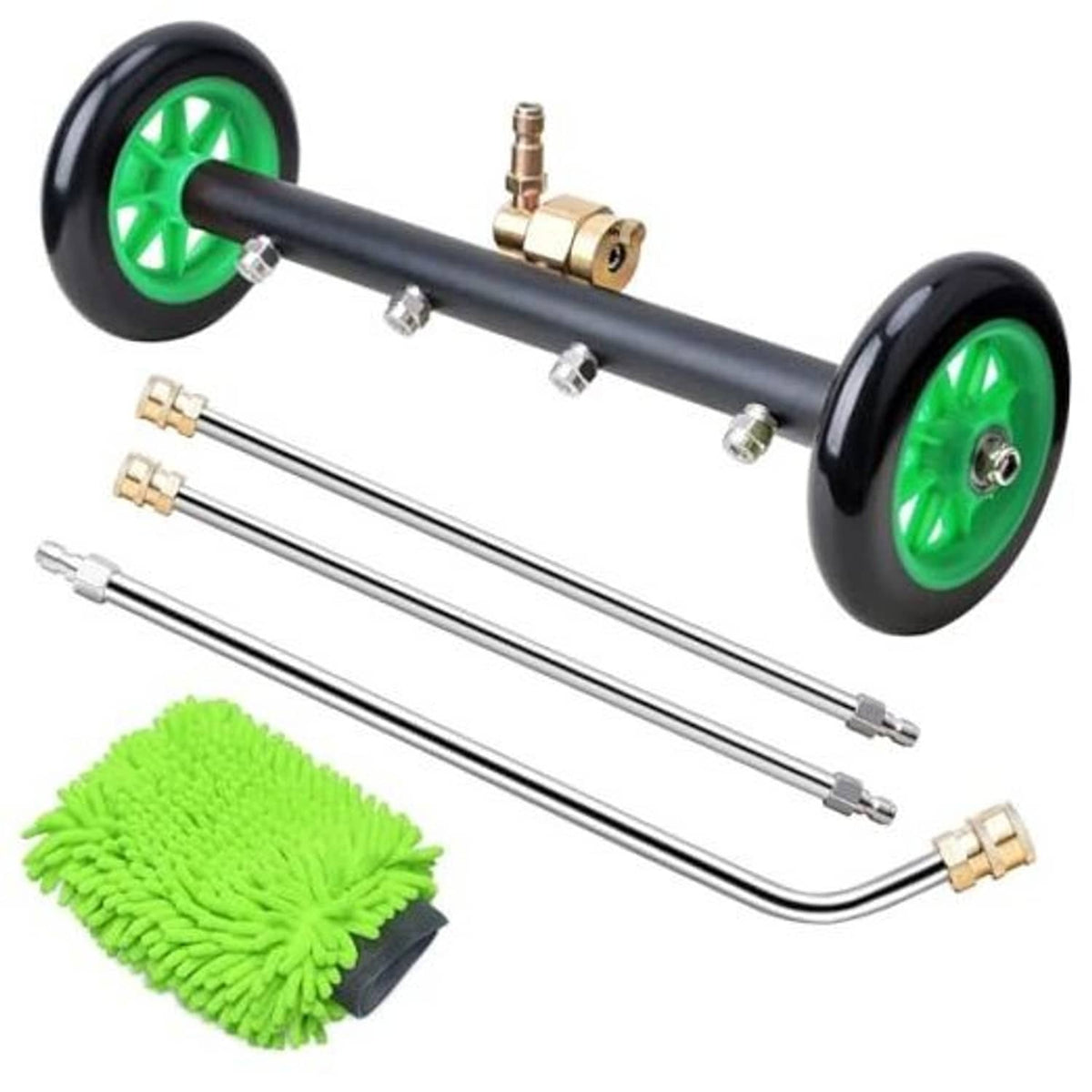 Green and black undercarriage pressure washer attachment with brass fittings and wheels