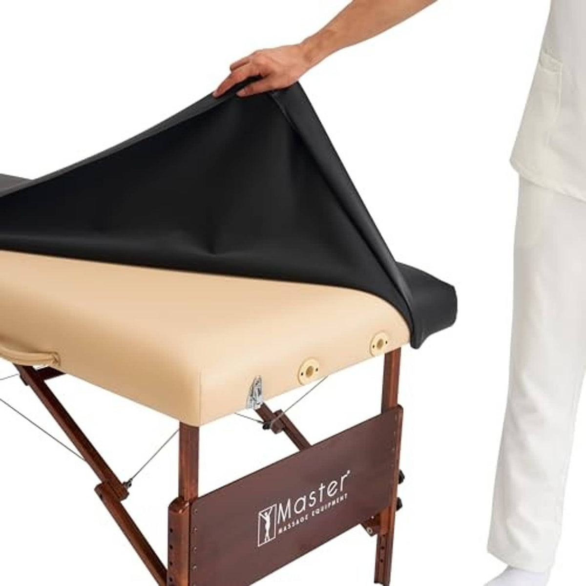 Beige and dark PU vinyl massage table cover with wooden ends and side controls