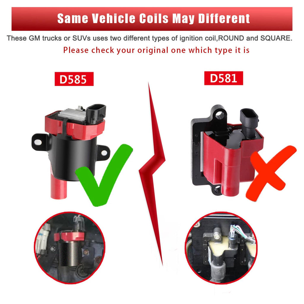 Ignition coil compatibility graphic showing correct versus incorrect round coil type